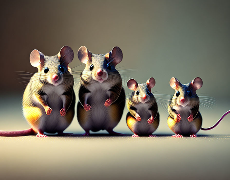 Four Cute Mice in a Row with Varying Sizes and Similar Markings