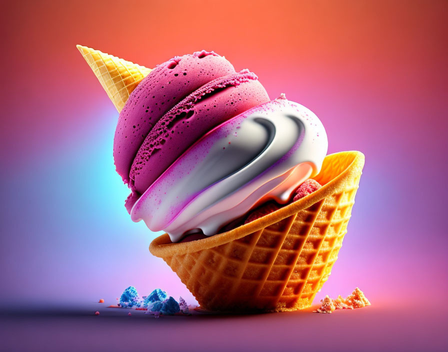 Colorful Melting Ice Cream Cone on Vibrant Background