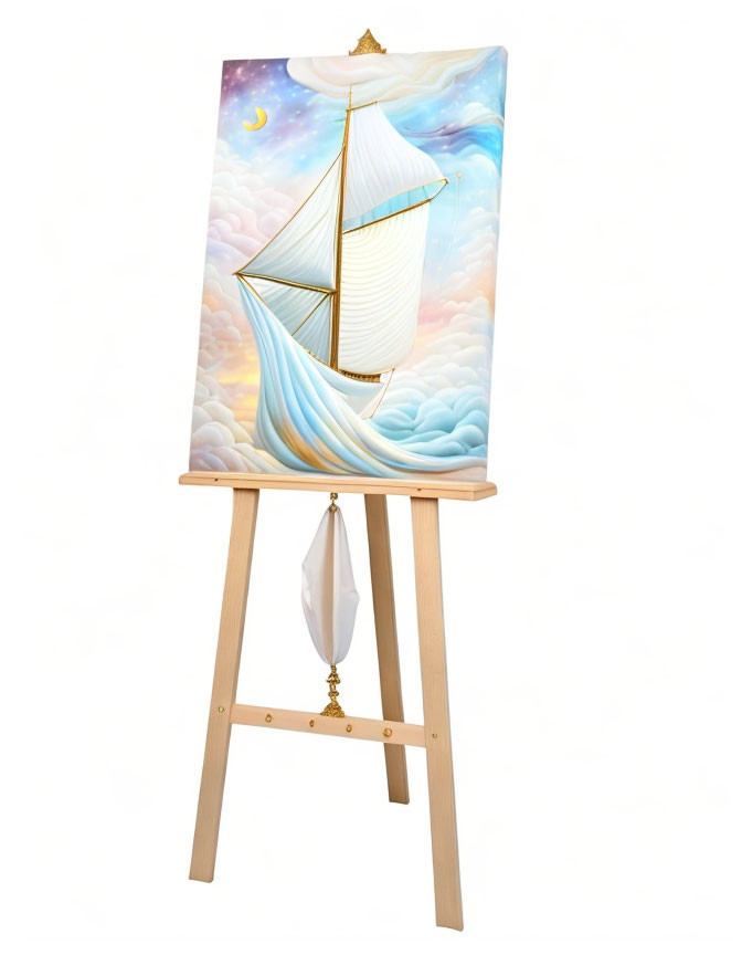 Vibrant sailboat painting with celestial sky on easel