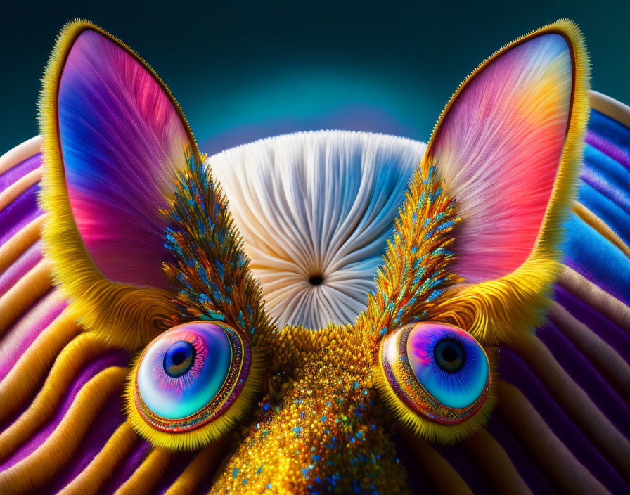 Colorful surreal creature with textured skin and vibrant eyes on gradient background