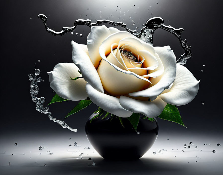 White Rose in Black Vase with Dynamic Water Splashes on Dark Background