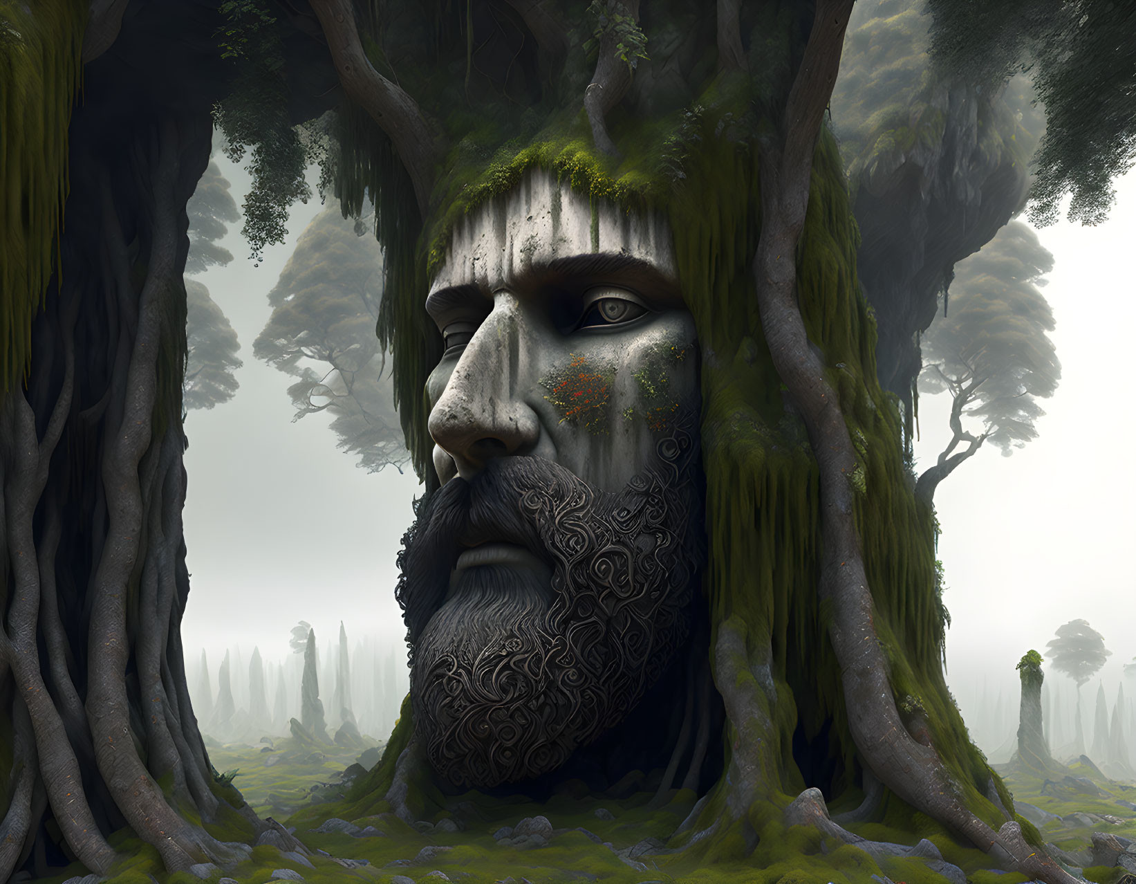 Forest spirit with moss-covered beard and Celtic patterns emerging from tree