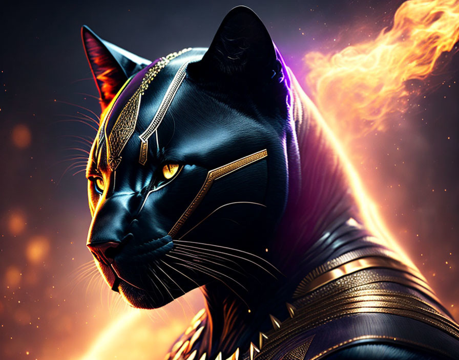 Black cat with golden armor and flaming tail in fiery setting