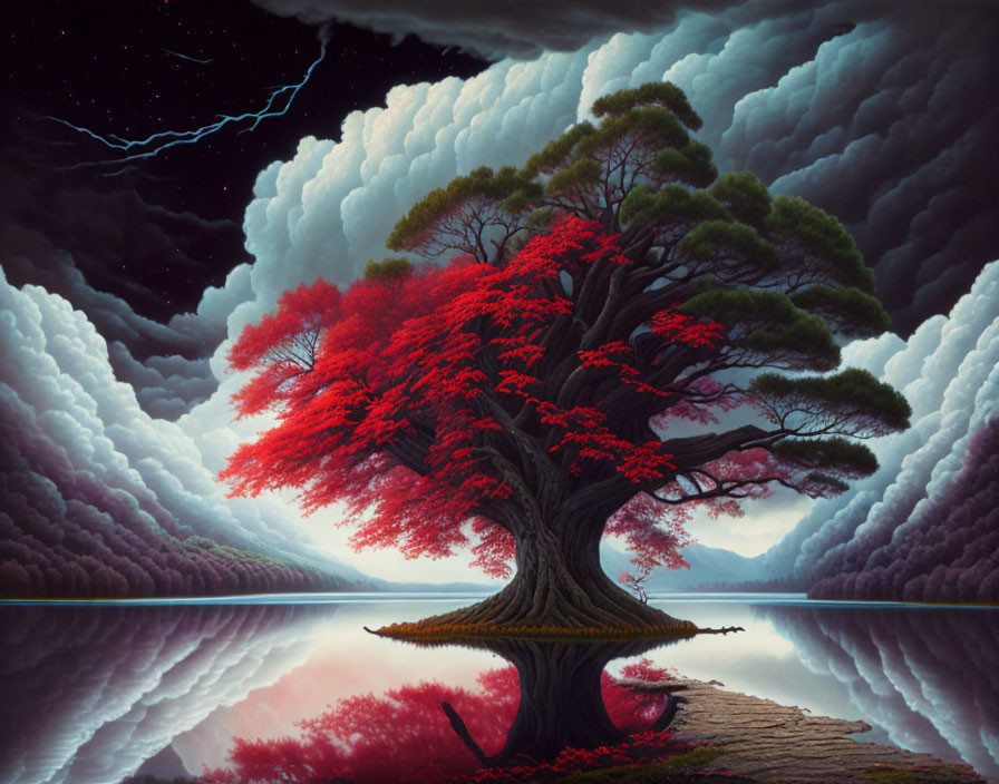 Symmetrical landscape with vibrant red tree, stormy clouds, and calm lake