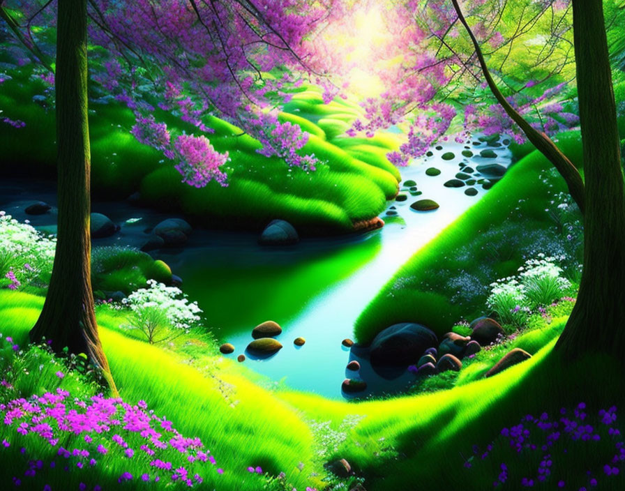 Colorful digital artwork: lush forest, pink blossoms, blue river, moss-covered banks.