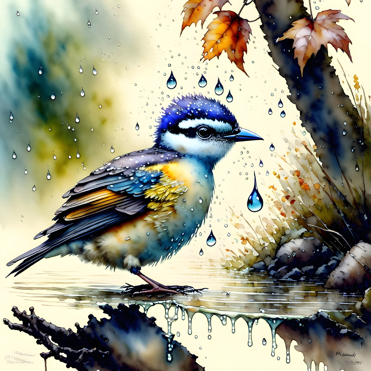 Colorful Watercolor Painting of Blue and Yellow Bird on Branch with Raindrops and Autumn Leaves