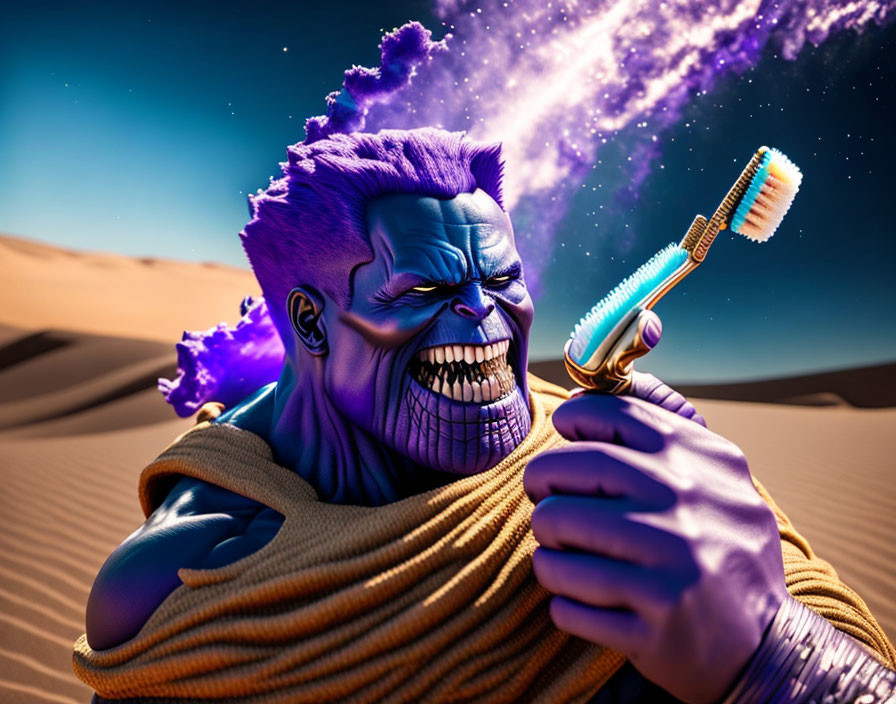 Purple-skinned character with wide grin holding toothbrush in desert setting