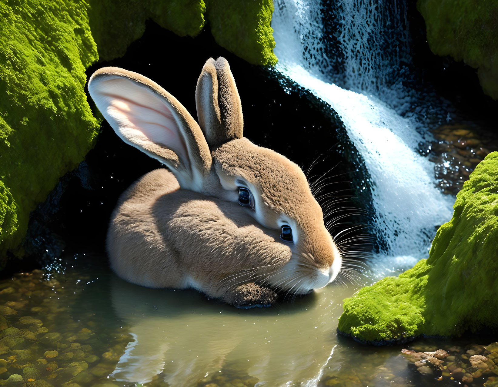 Tranquil digital art: Rabbit in pond with cascading water & green moss