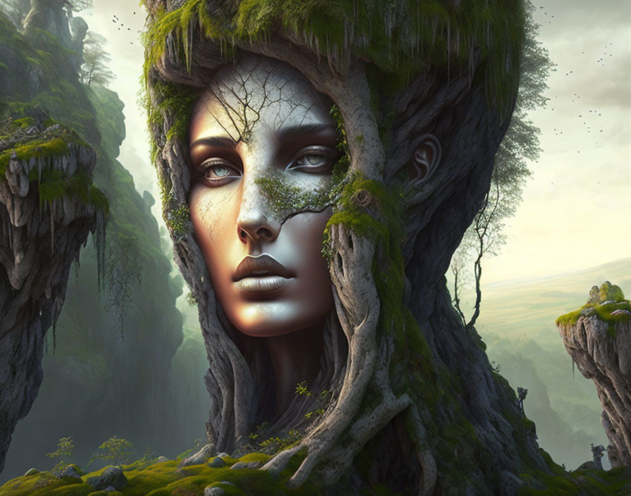 Surreal image of woman's face blending with mossy cliffs in misty forest landscape