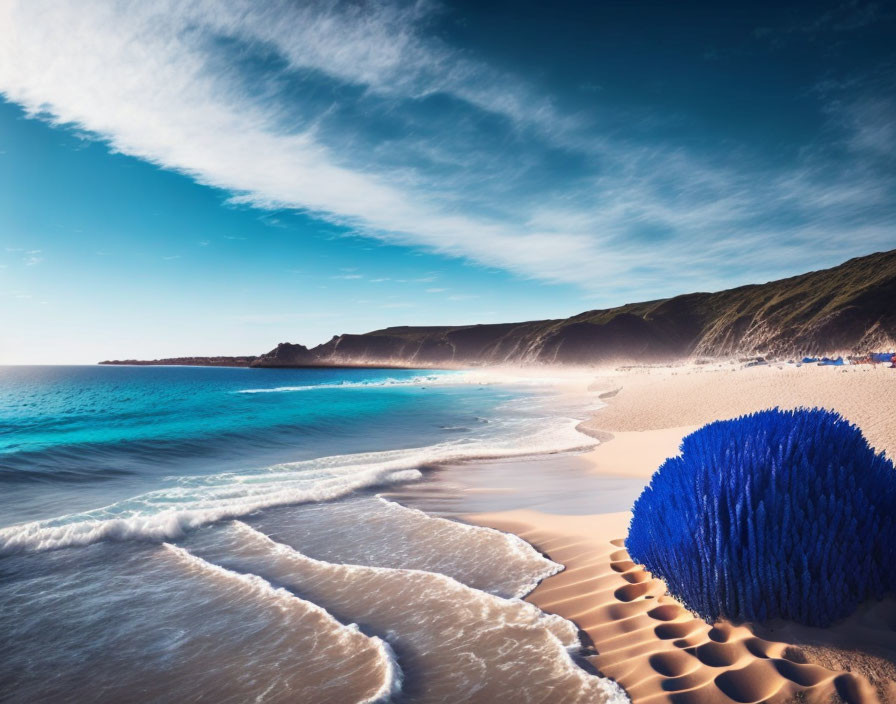 Tranquil beach scene with white sands, blue sculpture, cliffs, and sky