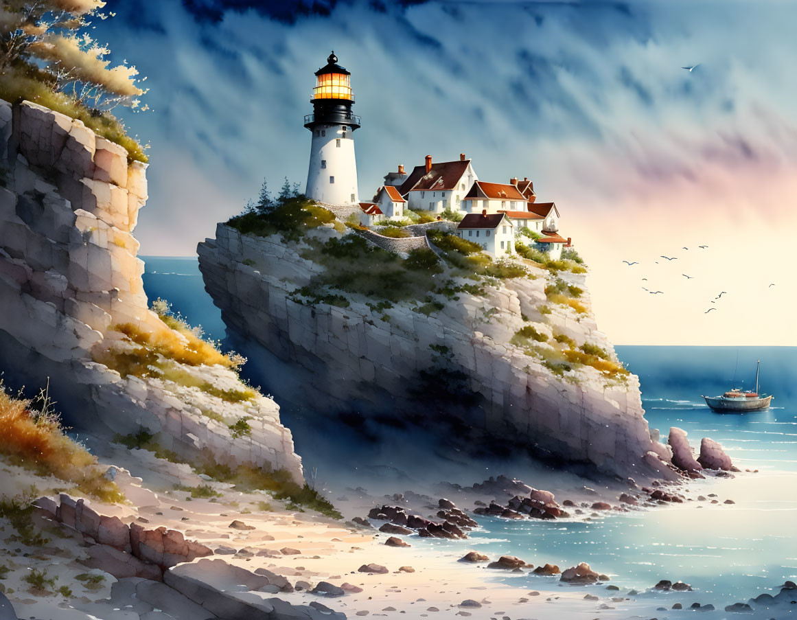 Scenic lighthouse on cliff with beach view & sailing boat