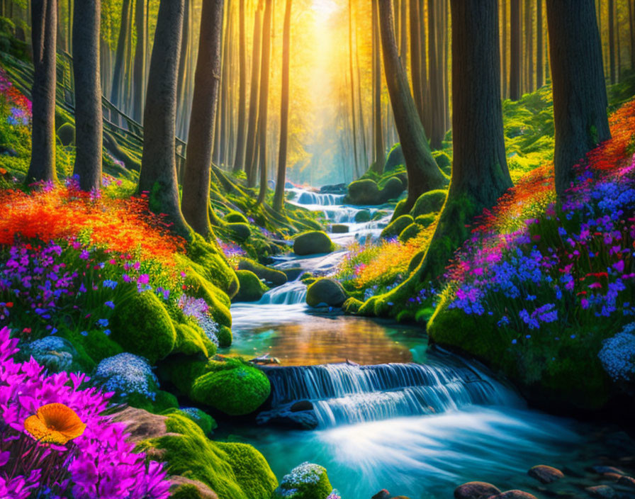 Lush Forest Landscape with Babbling Brook and Sunbeams