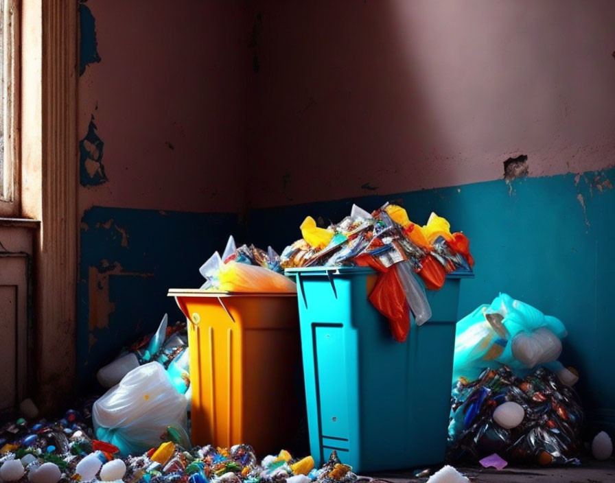 Cluttered room with overflowing trash bins and peeling walls