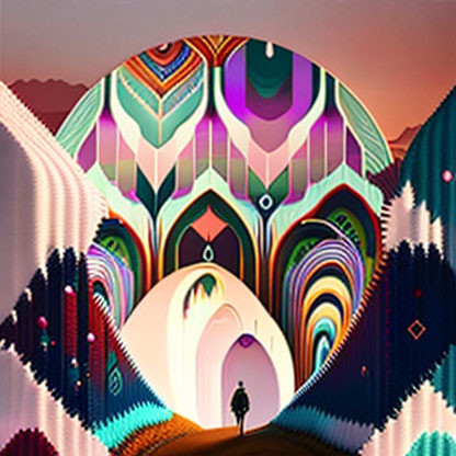 Colorful Psychedelic Archway with Vibrant Patterns and Wavy Landscapes