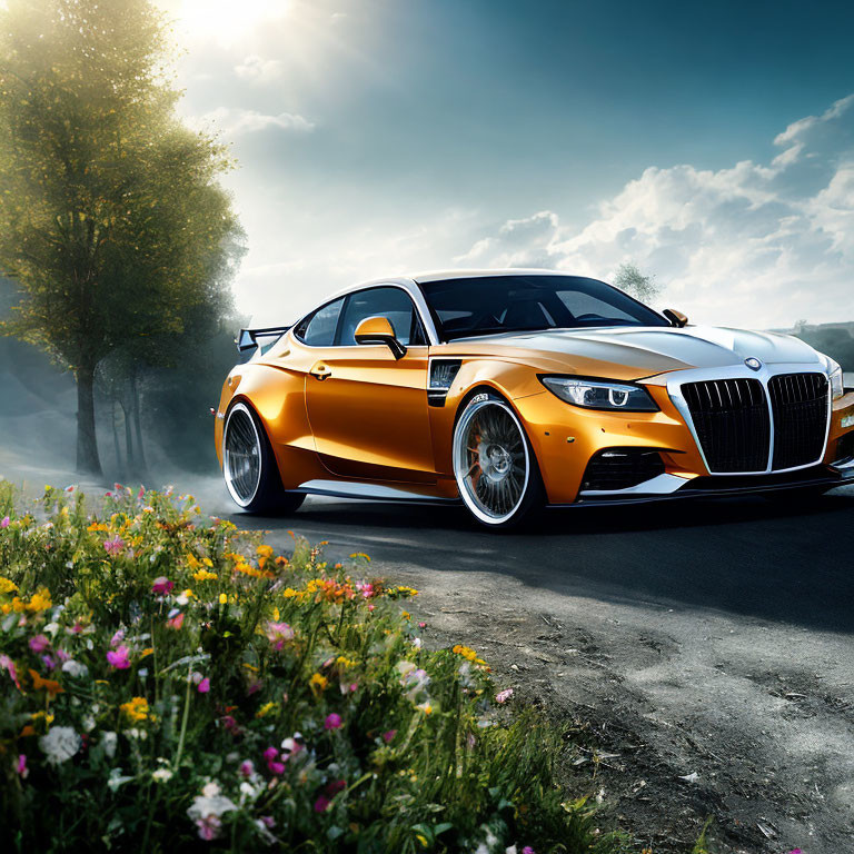 Orange Sports Car with Unique Front Grille Parked in Scenic Nature Setting