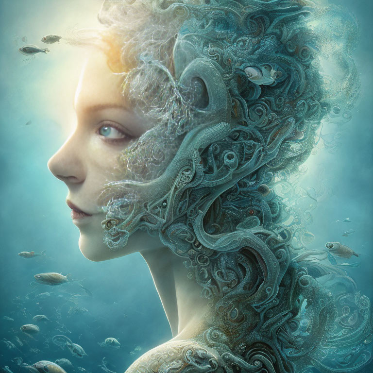 Surreal portrait of woman with wave-like hairstyle blending with fish in underwater dreamscape