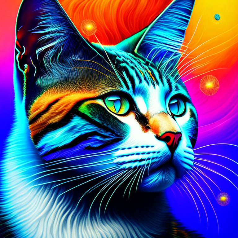 Colorful digital art: Vibrant cat in blue, orange, and yellow on psychedelic background.