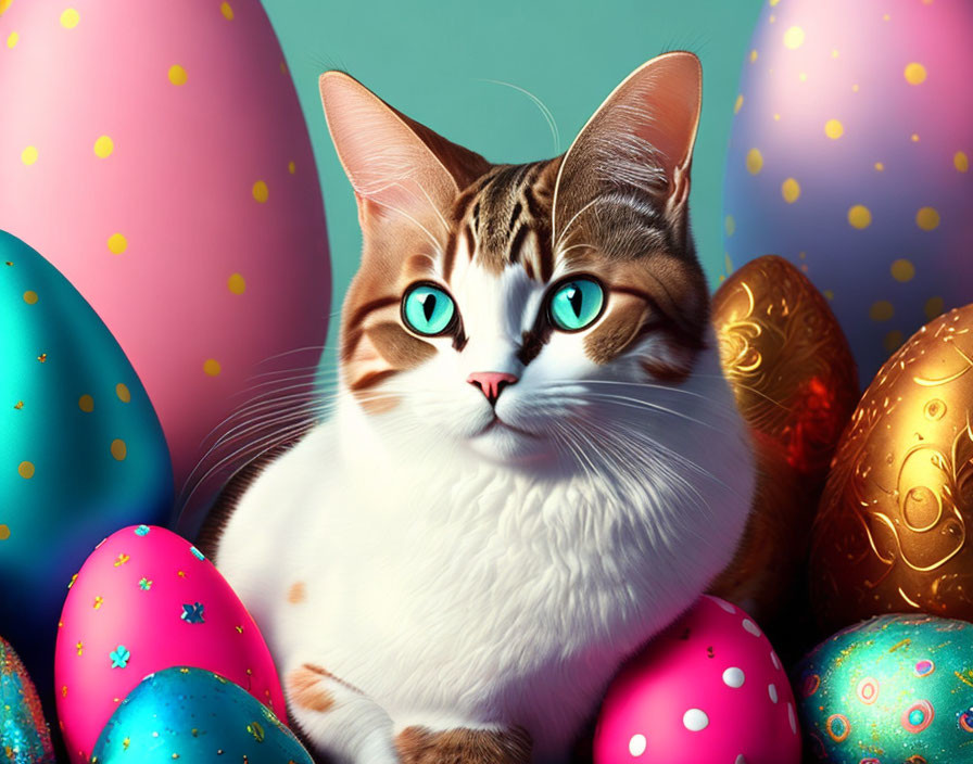 Blue-eyed cat with white and brown fur among colorful Easter eggs