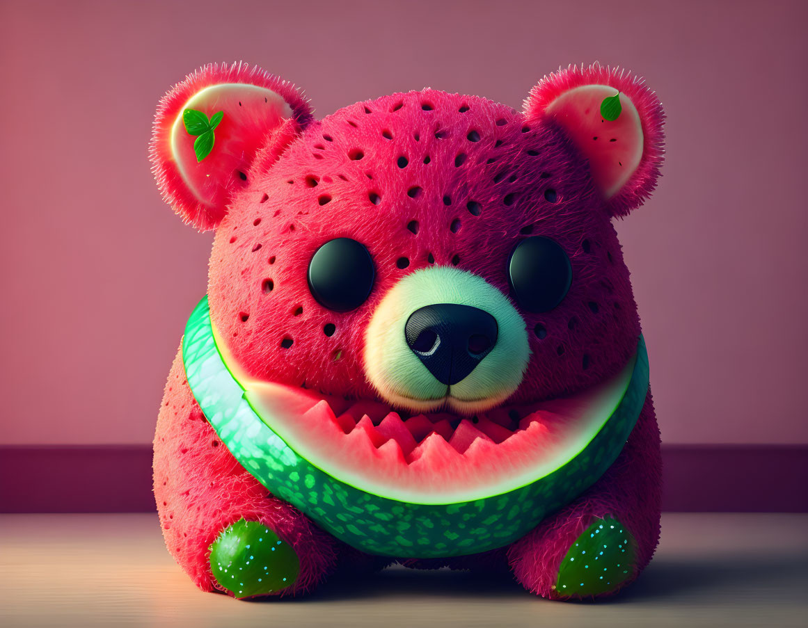 Illustration of Teddy Bear with Watermelon Theme: Pink-Red Texture, Slice Smile, Seed Details