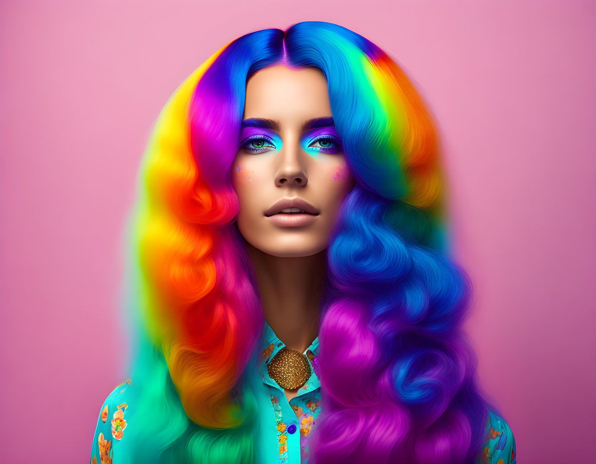 Vibrant rainbow-colored hair and blue eyes on woman with stylish makeup