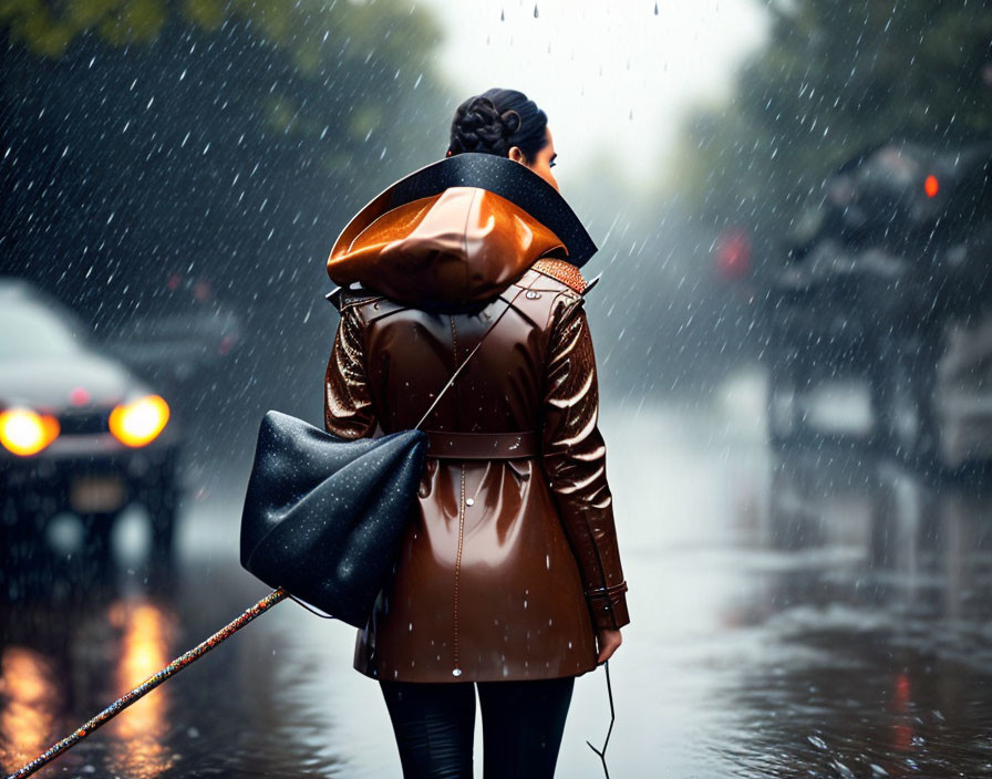 Person in Brown Coat on Rainy Street with Blurred Car Headlights