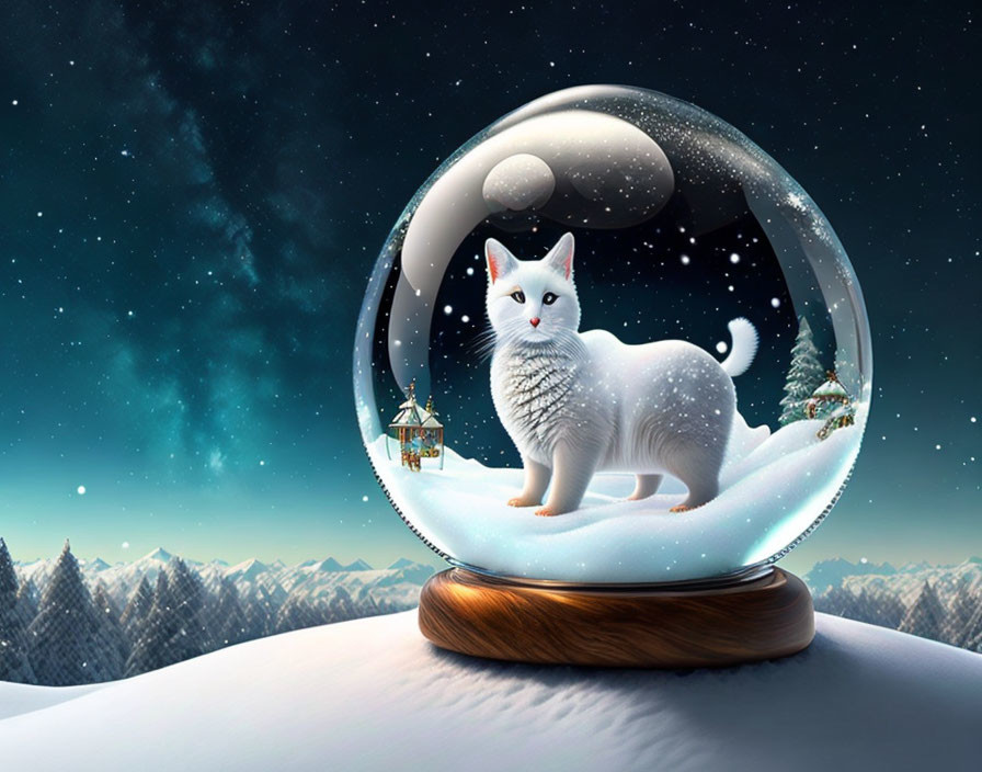 White Cat Snow Globe with Winter Elements and Snowy Mountains