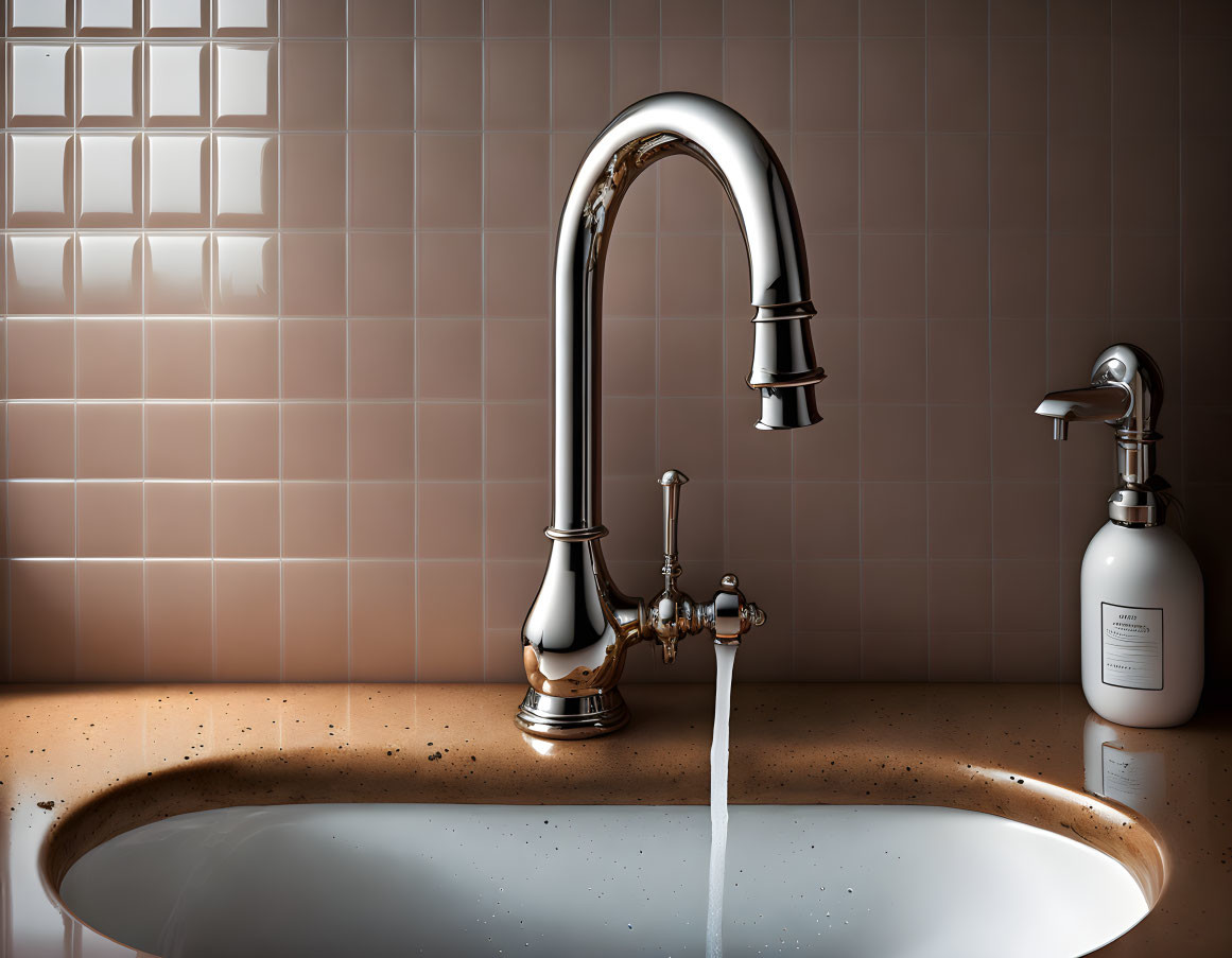 Shiny chrome faucet with running water in clean sink beside soap dispenser against tiled wall