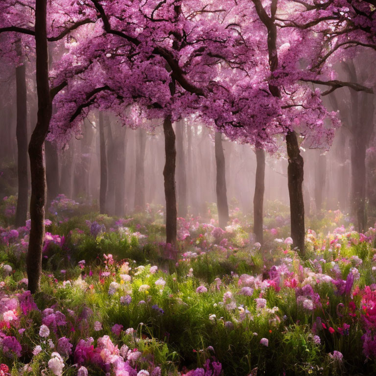 Tranquil forest landscape with pink cherry blossoms and colorful flowers in mystical fog