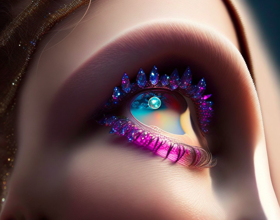 Purple crystal eyelashes and jewel on stylized eye close-up.