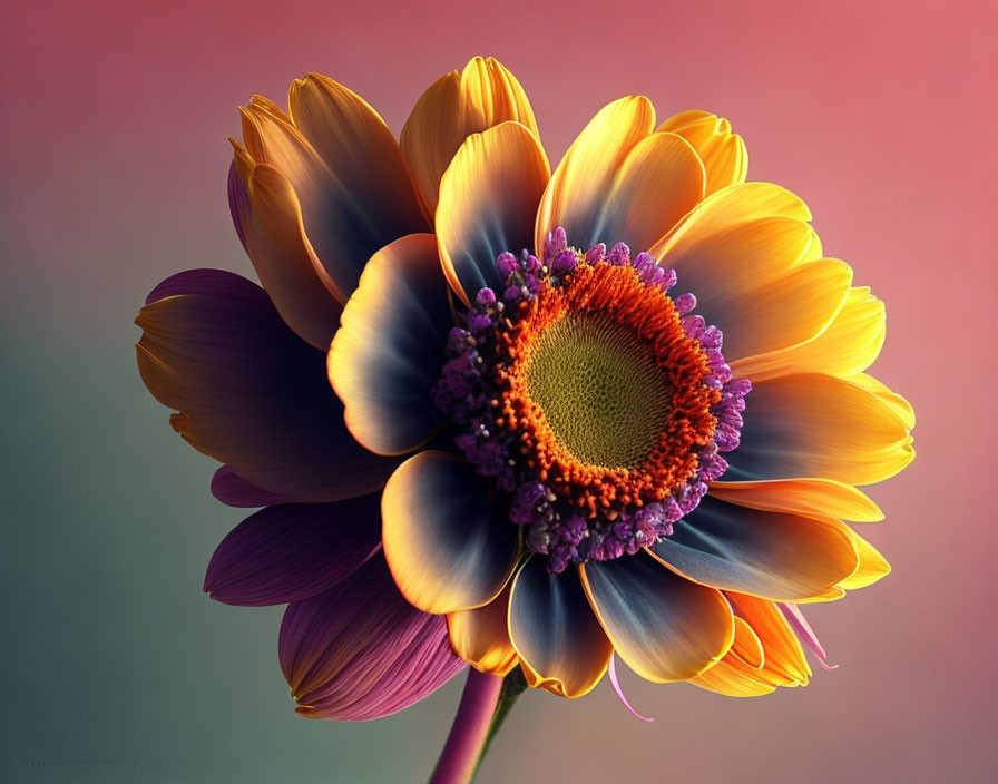 Colorful Sunflower with Yellow and Blue Petals on Pink Background