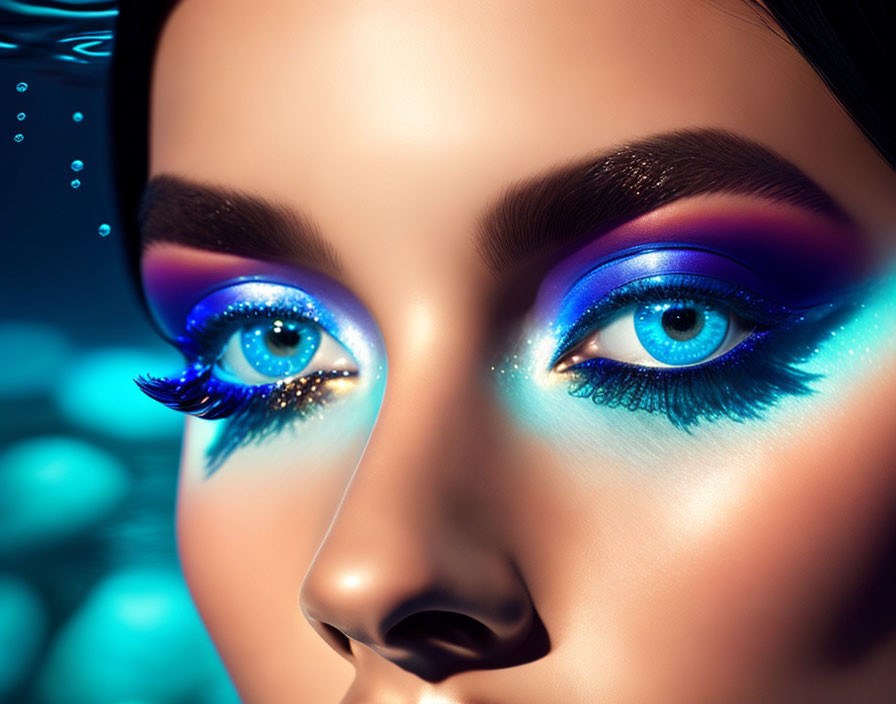 Detailed Close-Up of Woman's Face with Vibrant Blue Eyeshadow