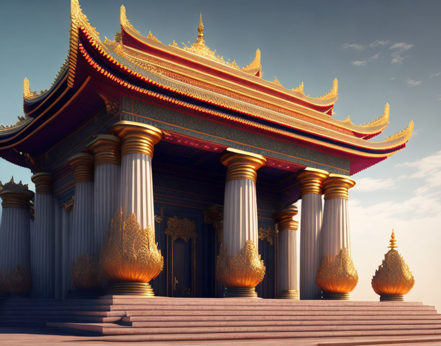 Ornate gold details on traditional temple columns at dusk