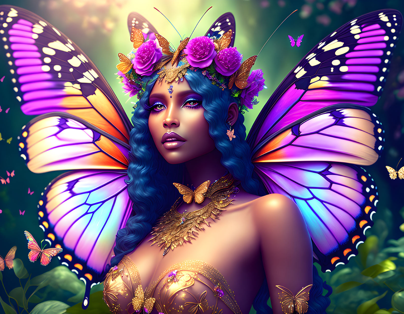 Digital artwork: Woman with butterfly wings, blue skin, and floral accessories in magical forest.