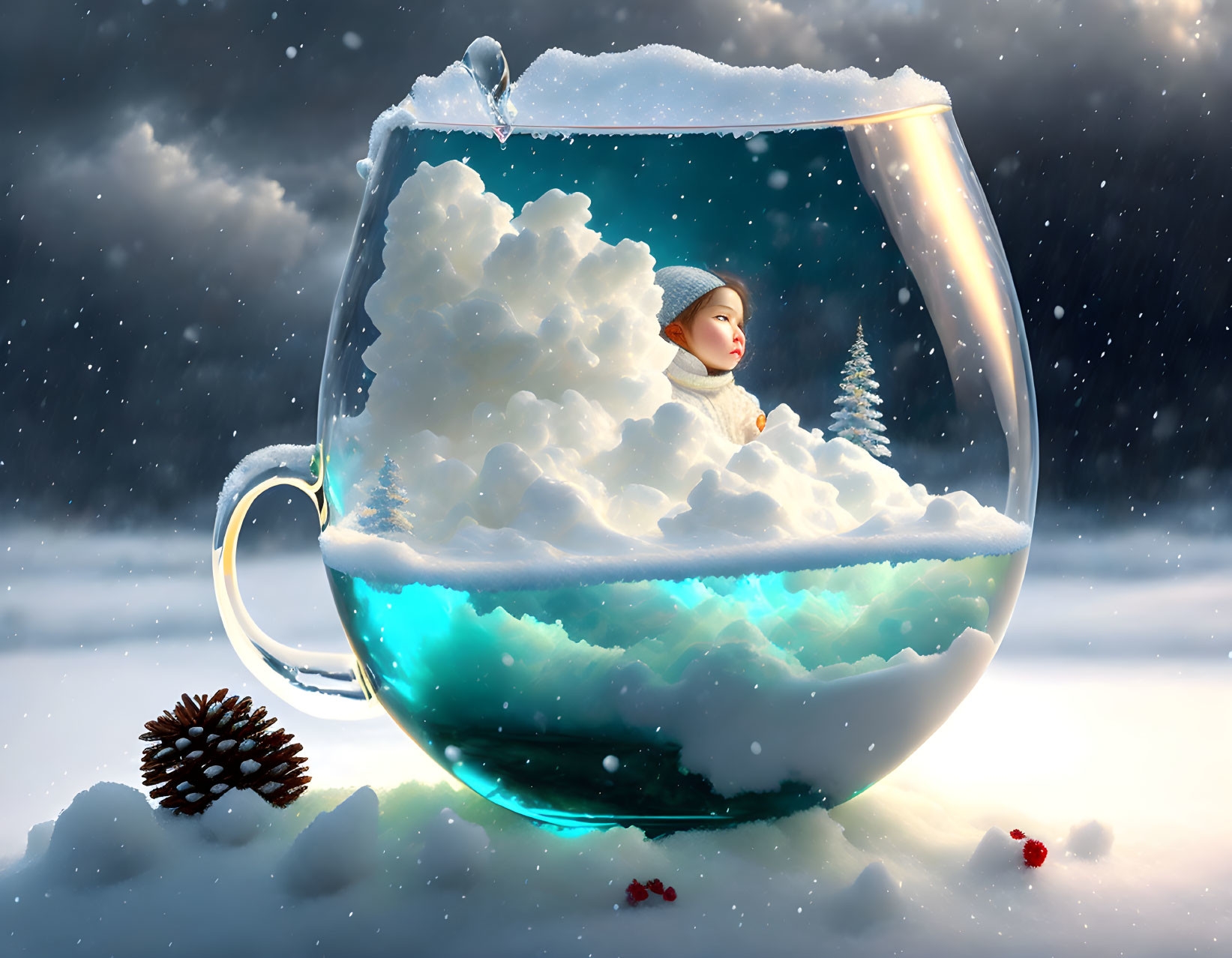 Child in oversized teacup in snowy landscape with falling snowflakes