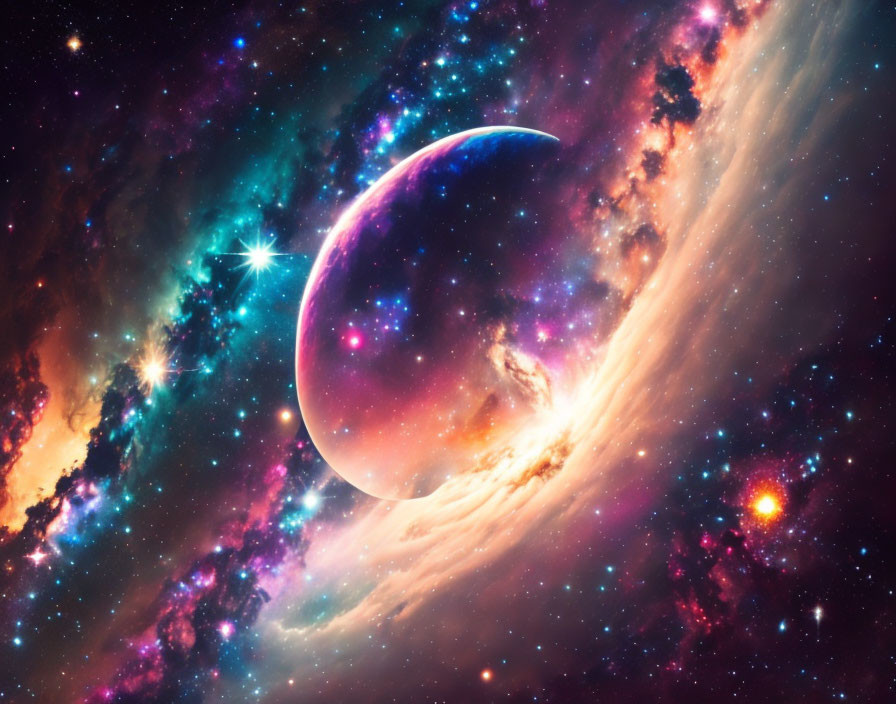 Colorful Space Scene with Large Planet and Nebulae