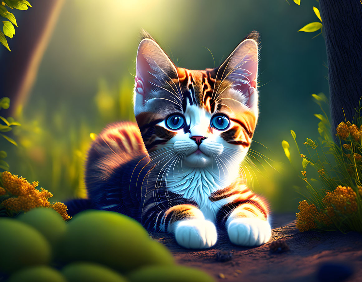 Striped kitten with blue eyes in lush greenery and yellow flowers under soft sunlight.