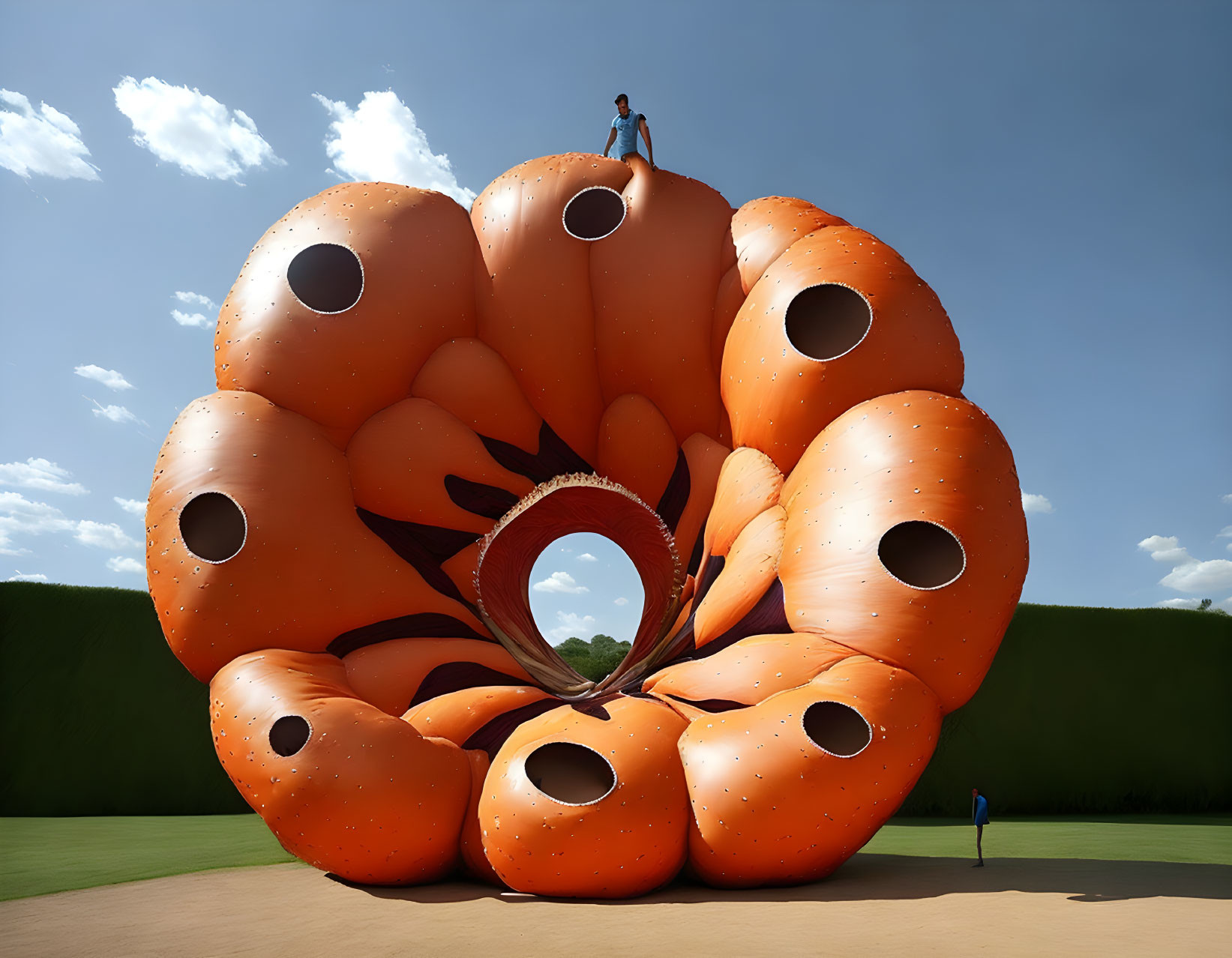 Two people interact with large orange flower sculpture under blue sky