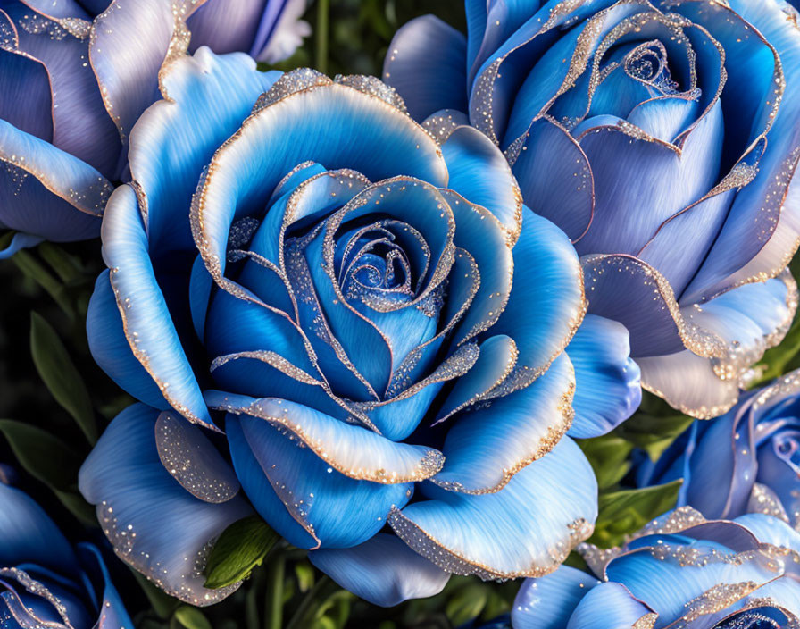 Blue Roses with Gold Glitter on Green Foliage