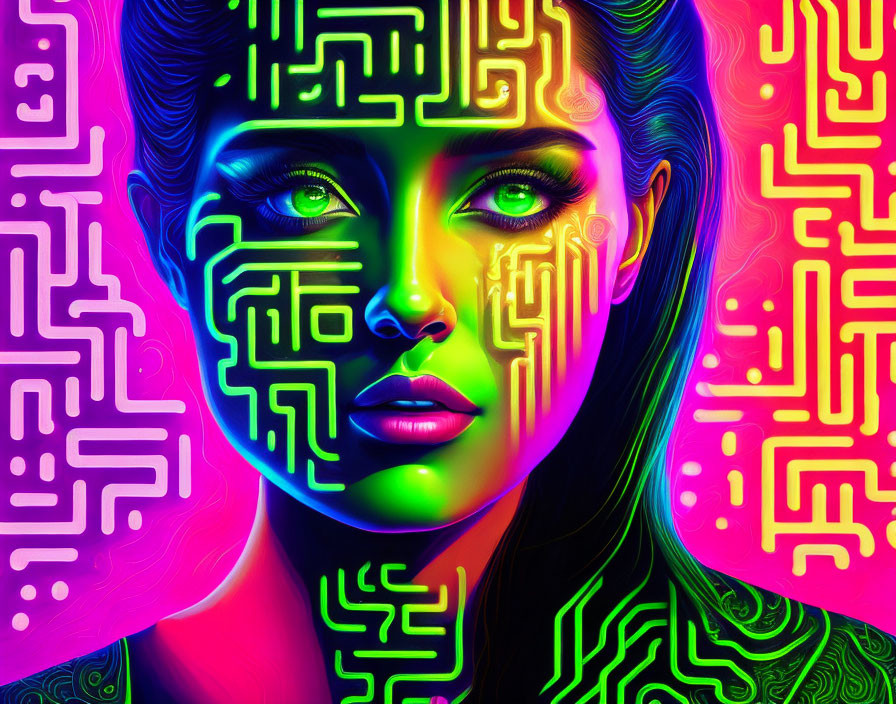 Colorful Digital Artwork: Woman's Face with Neon Circuit Patterns