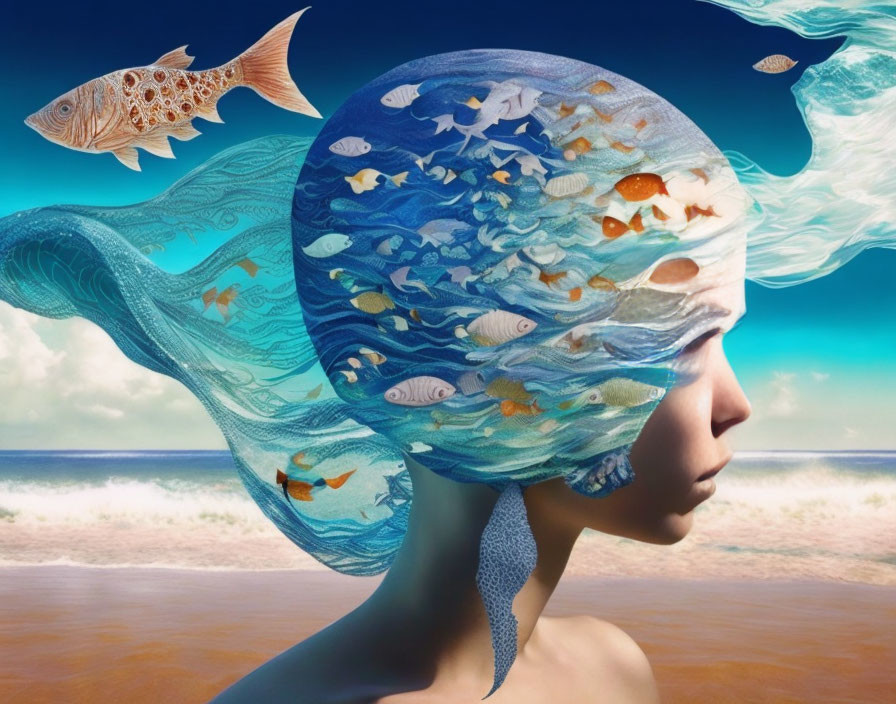 Profile portrait with aquatic scene head and fish against beach backdrop.