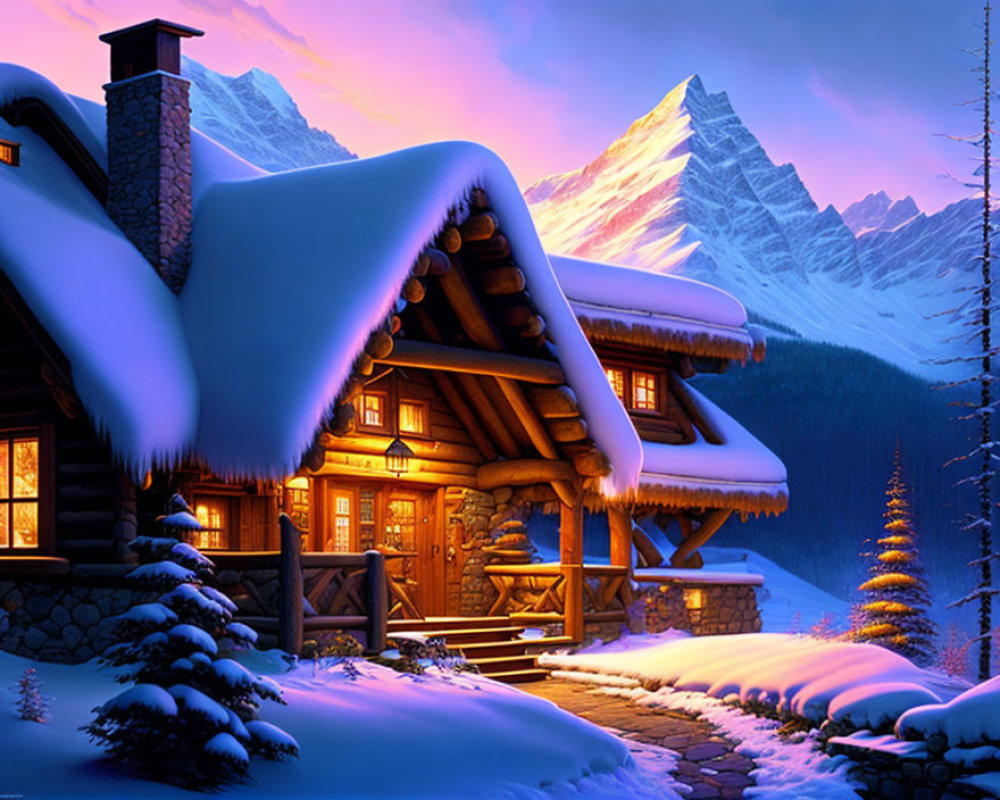 Snow-covered log cabin in serene mountain landscape at twilight