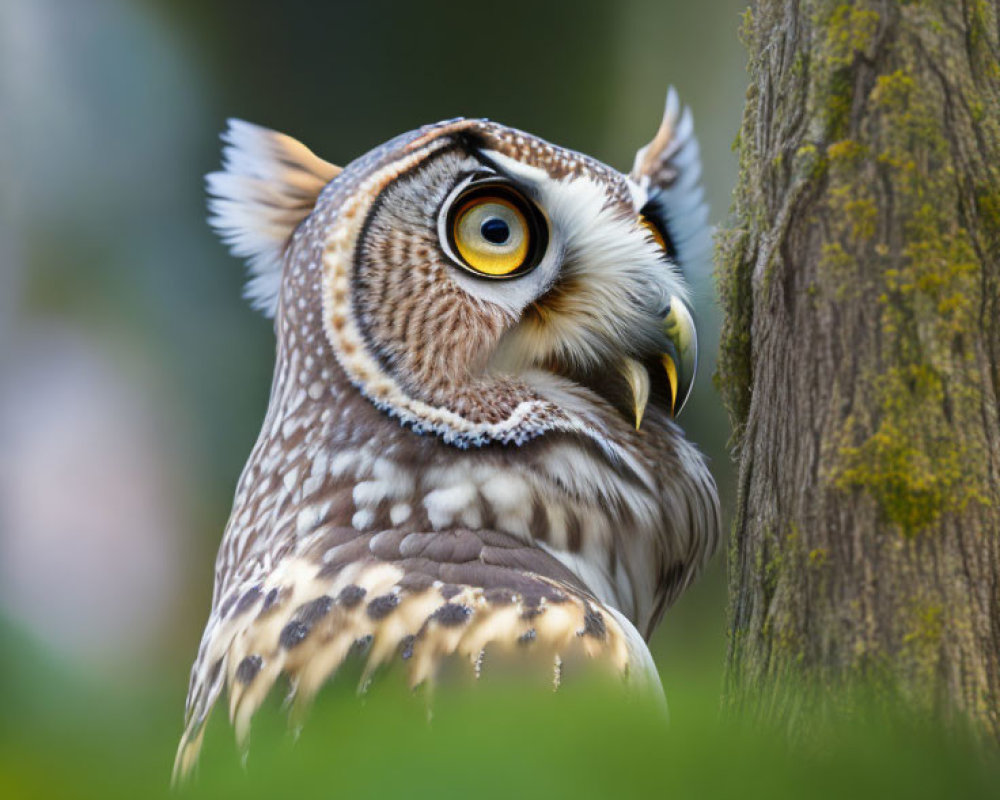 Close-Up of Great Horned Owl Peering from Tree Trunk in Lush Green Setting