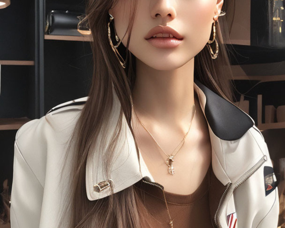 Digital artwork of woman with long brown hair, blue eyes, hoop earrings, white jacket, brown top