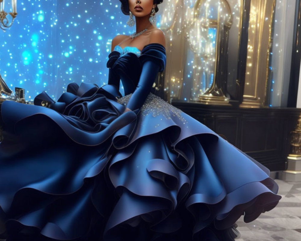 Elegant woman in voluminous blue gown in luxurious room.