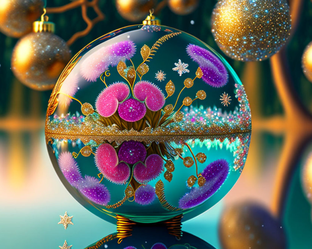 Detailed Christmas Bauble with Gold and Pink Decorations on Shiny Surface