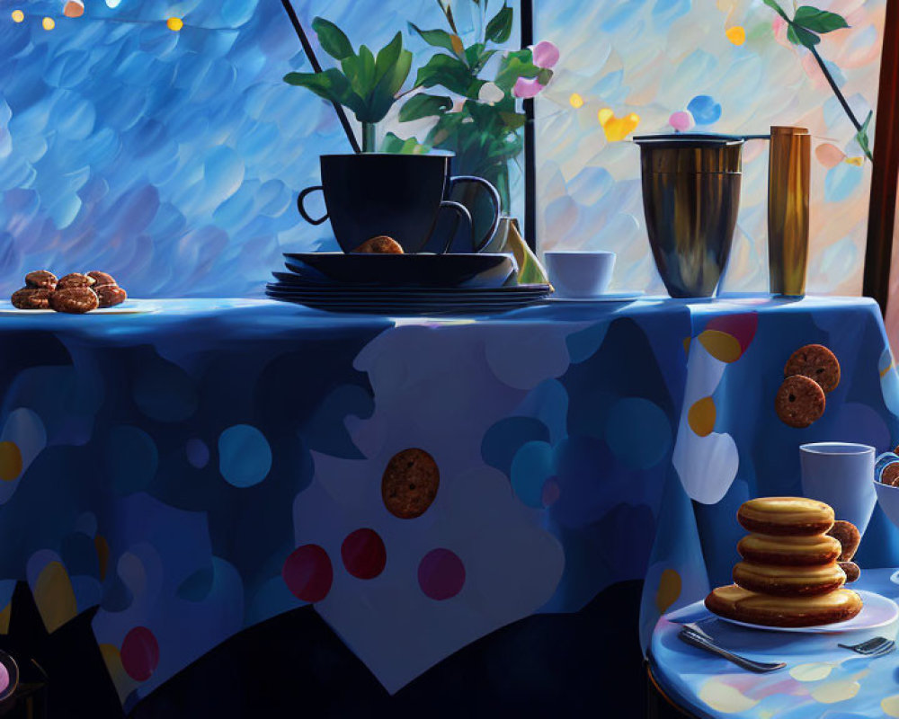 Breakfast setup with pancakes, cookies, and coffee on blue tablecloth