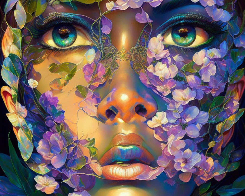 Colorful floral and lace patterns on woman's face art