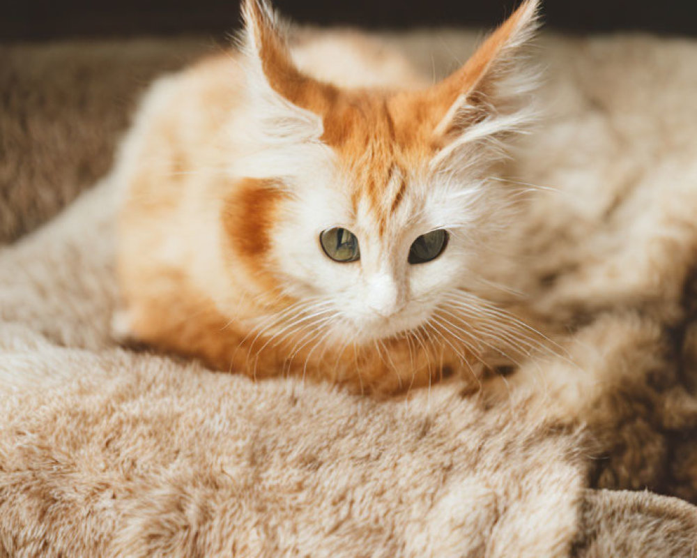 Fluffy Orange and White Cat with Large Expressive Eyes on Brown Blanket