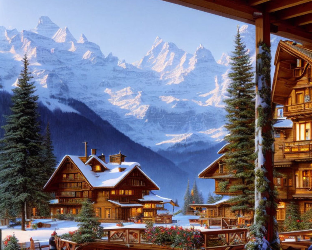 Snowy Alpine Chalets with Lights in Winter Dusk