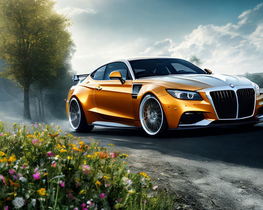 Orange Sports Car with Unique Front Grille Parked in Scenic Nature Setting